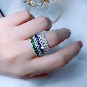 Rhodium cincin berlapis emas untuk wanita, 925 perak murni Cz biru hijau zirkonia kubik