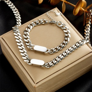 Hip Hop Jewelry Set Gold Plated Stainless Steel Custom Engraved Blank Charm Link Chain Jewelry Sets - Product Image 3