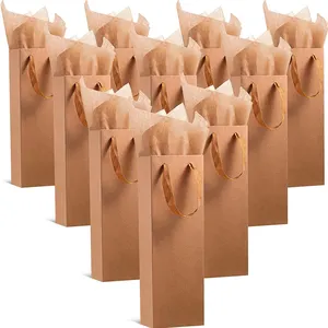 Atacado Logotipo Personalizado Bolsa Hand-Held Garrafa Gift Carry Embalagem Kraft Paper Wine Bags
