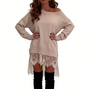 Vestido de sudadera con hombros descubiertos y ribete de encaje para mujer - Vestidos mini oversize de manga larga a la moda - Product Image 3