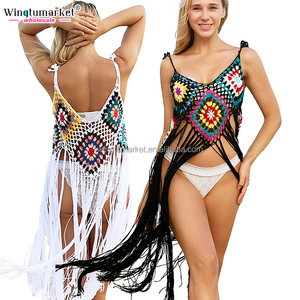 Bohème fleur bloc <span class=keywords><strong>frange</strong></span> robe de plage bretelles <span class=keywords><strong>mi</strong></span>-longueur découpé maillots de bain Crochet creux gland plage couvrir - Product Image 1
