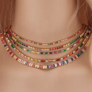 THIN tennis chain choker Gold filled fashion women pastel rainbow cz choker necklace New colorful collar