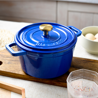 Marmite de camping en fonte émaillée bleue de qualité supérieure avec bouton doré, compatible cuisinière à gaz, passe au lave-vaisselle et au four, grande cocotte hollandaise