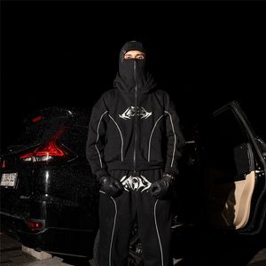 Ensemble de survêtement <span class=keywords><strong>Ninja</strong></span> avec capuchon personnalisé, sweat-shirt streetwear noir uni, lourd, fermeture éclair, 300GSM pour hommes - Product Image 2