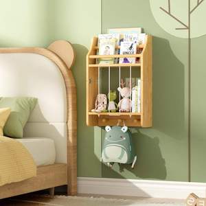 Estante de almacenamiento de madera para pared, para juguetes y libros de niños, con ganchos, organizador de 3 niveles para habitación infantil - Product Image 4
