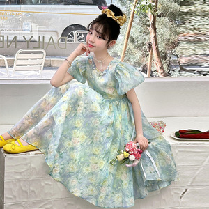 Robes florales pour filles 2026 – Nouvelle collection été pour adolescentes : Robe verte à manches courtes bouffantes et imprimé floral - Product Image 3