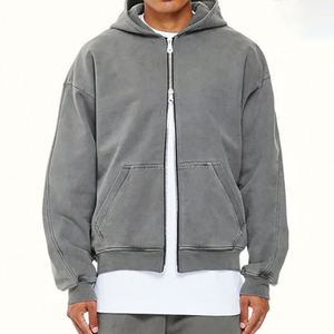 Venta al por mayor de sudaderas con capucha de algodón orgánico de gran tamaño lavado con ácido vintage serigrafiado con cremallera completa y cremallera para hombres - Product Image 1