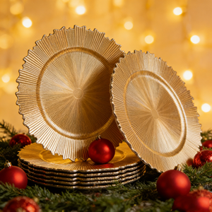 Assiettes de présentation en plastique doré irrégulières de 13 pouces pour assiettes de dîner, style fantaisie, vaisselle dorée et noire, vente en gros - Product Image 1