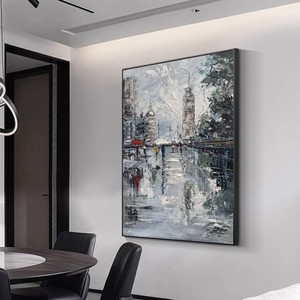 Peinture à l'huile peinte à la main, rue parisienne sous la pluie, cadre noir rectangulaire, art impressionniste abstrait, toile décorative pour entrée - Product Image 3