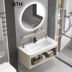 Conjunto de Muebles de Baño BTH Estilo Crema, <span class=keywords><strong>IPX4</strong></span> Impermeable, Lavabo Integrado de Cerámica Nivel E0, Espejo Inteligente, Aluminio Espacial - Product Image 1