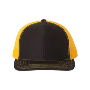 Vente en gros de casquette de camionneur Gorras personnalisée de haute qualité 5 panel noir coton sergé camion doré broderie patch logo