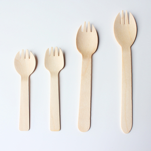 Jimao 4 "6" מיני עץ Spork 100 pc בתפזורת מתאבן מתכלה קומפוסט חד פעמי עץ לבן מזלג כפית 2-ב-1 תשמיש