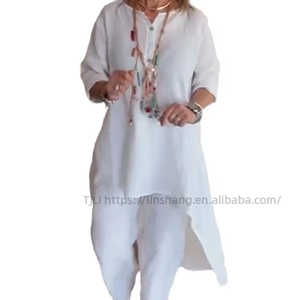 Summer New Solid Color Casual Long Sleeve Cotton Linen Long <b>Tops</b> Long Pants Women's 2 Piece Set Digital Breathable Eco-Friendly - Product Image 1