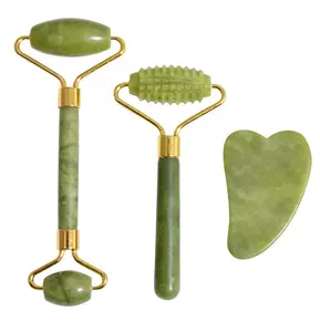 Gua Sha-Rodillo de Jade verde para masaje Facial, Rodillo de Jade verde para masaje Facial