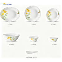 Service de table en verre opale 33 pièces, motif floral marguerite jaune, bord ondulé, assiettes, bols, cuillères, kit pour la famille, repas quotidiens, fêtes