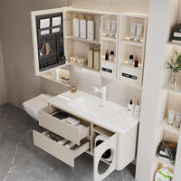 Meuble-lavabo de salle de bain flottant personnalisé, combinaison unique, 40 pouces, en contreplaqué PVC, crème, étanche, avec double tiroirs et miroir