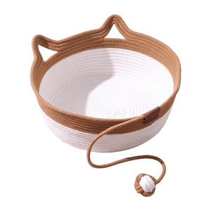 Rattan cat bed, all-season cat bed mat, dog bed, round, color-blocked, cotton rope with ball, cat scratching <b>post</b>, integrated - Product Image 1
