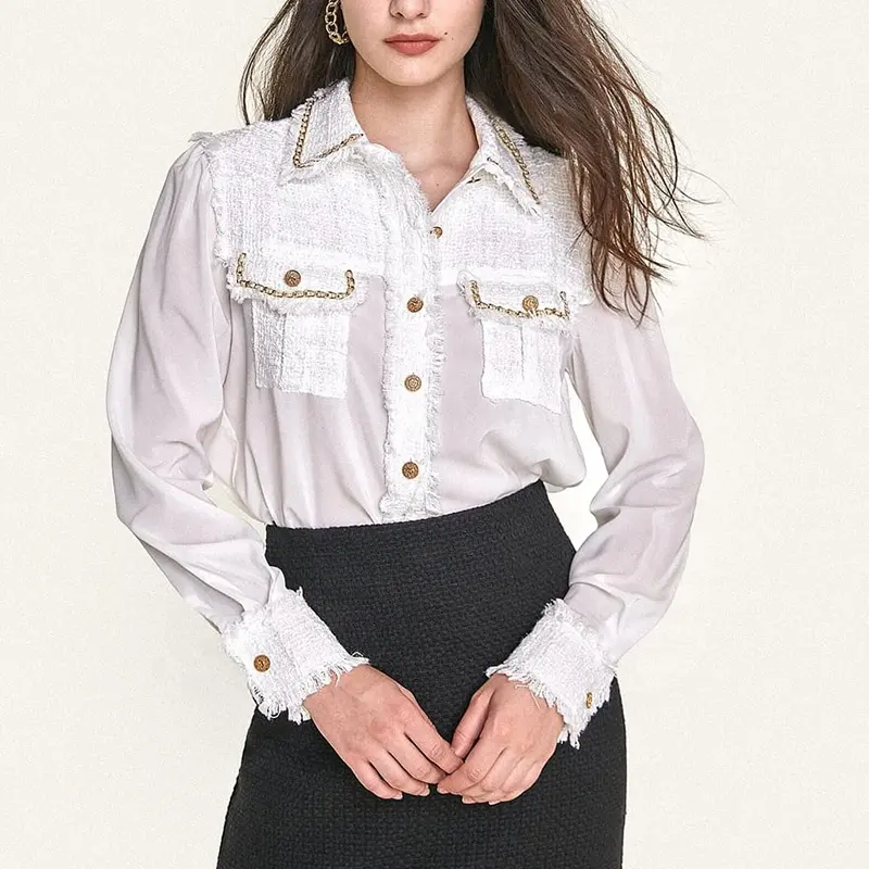 Modische Frauen Arbeits hemden Bluse Weiß Tweed Patchwork Kette Detail Langarm Arbeits hemd Frauen