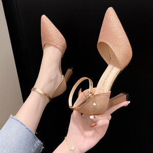 Factory Wholesale Women's Glitter Pointed Toe Pumps Ankle Strap High Heels for Wedding Party - Product Image 3
