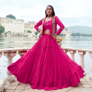 Pink Rayon Boho Style <b>Lehenga</b> Set <b>Women</b> Embroidered Jacket Tiered Pleated Skirt Floor-Length Quick Dry Traditional Party Wedding - Product Image 1
