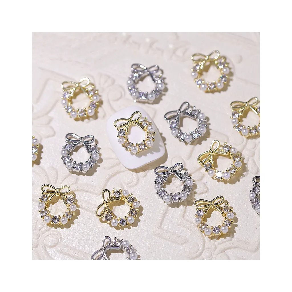 Luxus Metall Zirkon Legierung Weihnachts girlande Bogen Bowknot Blume Diamant Metall Perle DIY Strass Nail Art Zubehör Charms