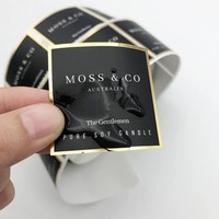 Autocollants carrés personnalisés en vinyle brillant noir avec texte blanc et bordure dorée, résistants à l'eau, découpés en rouleau, pour bouteille diffuseur