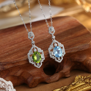 Collier pendentif ovale rétro 8*10mm en grenat, pavé de zircon, géométrique, en argent sterling 925, bijoux en pierre naturelle pour femmes - Product Image 2