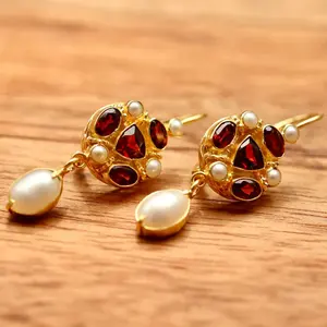 Wholesale fashion jewelry for women real gold plated gemstone garnet natural freshwater pearl earrings jewelry