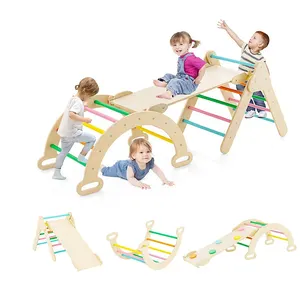 3-in-1 bambini scalatore Set bambino gioco in legno arco con rampa di arrampicata in legno e scorrevole giocattolo di legno