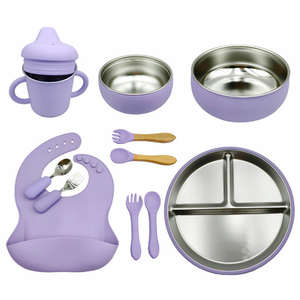 Nuevos <span class=keywords><strong>Productos</strong></span> para Niños, Juego de Alimentación Infantil de Silicona y Acero Inoxidable 304, Tenedor, Cuchara, Pajita, Vaso Antiderrames, Tazón de Comida, Plato con Succión - Product Image 2