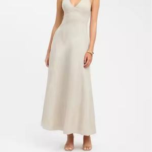 Vestido Maxi de Lino Casual con Cuello en V y Estampado Tartán para Mujer, Corte A, Cintura Alta Elástica, Tejido, Nueva Colección Otoño 2025 - Product Image 5