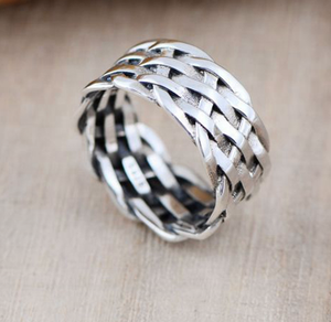 PANKOO 925 Sterling Silber Versilberter Ewigkeitsring Vintage Breiter Fingerring für Herren/Unisex Geflochtenes Geschenk für Party und Jubiläum - Product Image 1