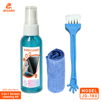 JEQANG JD-180 Kit de Nettoyage d'Écran Transparent 3-en-1 avec Spray, Liquide Anti-bactérien et Anti-statique, Brosse pour Interstices et Chiffon en Microfibre pour Écrans LCD