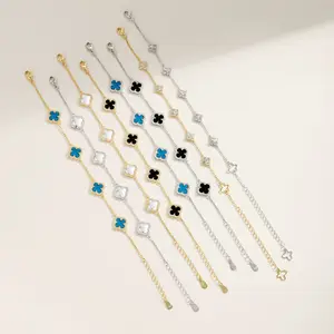 Dylam Manufacturer 5A CZ S925 Silver Jewelry Set Onyx Emerald Link Chain Bracelet Femme 4 Leaf Clover Bracelets Women Man