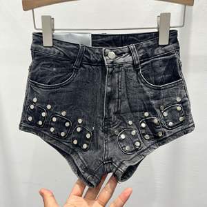 Viviblook Z313PT Pantalones Cortos de Mezclilla para Mujer, Estilo Retro con Remaches, Cintura Baja Elástica, Jeans Cortos para Mujer, Estilo Urbano - Product Image 6