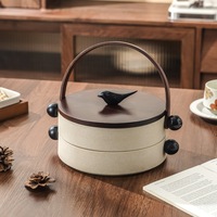 Plateau à bonbons compartimenté avec couvercle et poignée, boîte à noix et snacks en grès, plateau à fruits secs avec bouton en bambou, plateau de service empilable à deux niveaux