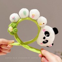 Serre-tête en peluche panda 3D mignon, avec pompon et fleur au crochet, pour le lavage du visage, le maquillage et les accessoires capillaires pour photos de fête