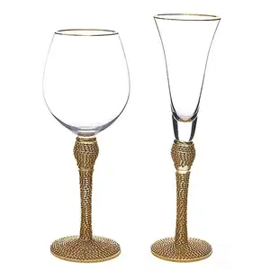 New Arrivals Hot Sale In Stock Elegant Sparkling Studded Long Stem Crystal Glassware Set With Gold Rim And Dazzling Rhinestone