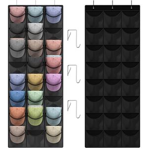 <b>Hat</b> Organizer Rack 24 Pockets Deeper Storage For Baseball Caps Door Wall Hanging With 3 Hooks Black - Product Image 1