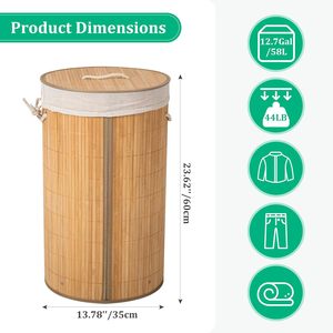 Cesto de Ropa de Bambú con Asas, Cesto de Ropa Plegable Redondo de Bambú para Lavandería, Dormitorio, Baño - Product Image 2