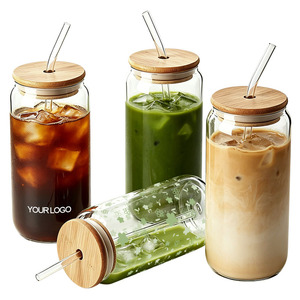 <span class=keywords><strong>Vasos</strong></span> Transparentes <span class=keywords><strong>de</strong></span> Vidrio Borosilicato Resistentes al Calor y al Frío, en Forma <span class=keywords><strong>de</strong></span> Lata, con Tapas <span class=keywords><strong>de</strong></span> Bambú y Pajitas - Product Image 1
