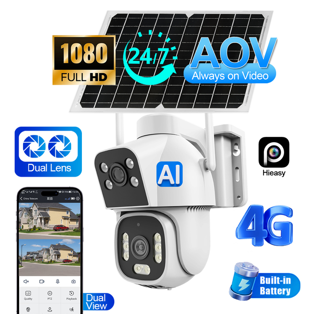 4G Sim Card Dual Lens 2MP AOV IP PTZ Camera Smart Home Panel Power Wireless 1080P Outdoor CCTV Outdoor Security Solar Camera