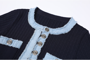 Elegante Abito Lungo Blu <span class=keywords><strong>in</strong></span> <span class=keywords><strong>Maglia</strong></span> a Costine con Bottoni e Maniche Lunghe, <span class=keywords><strong>Vestito</strong></span> Aderente da Donna con Inserti <span class=keywords><strong>in</strong></span> Denim - Product Image 5