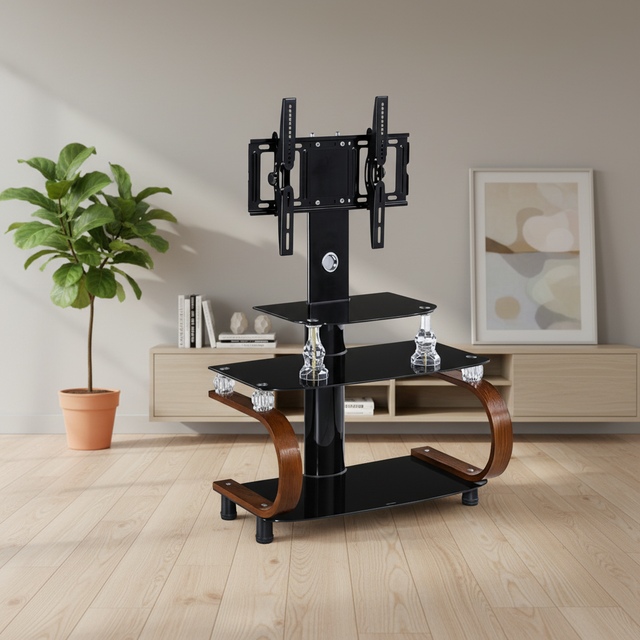 Unique Shape Bend Wood Glass TV Stand Tempered Glass Aluminium Back TV Stand