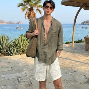 Factory Wholesale Men 100% Cotton Linen <b>Shirt</b> Lightweight Breathable <b>Band</b> <b>Collar</b> Long Sleeve Casual Pocket Linen <b>Shirts</b> TKAN8106 - Product Image 3