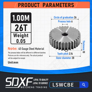 Engrenage droit 1 module 26 dents 1M 26T en acier, symétrique, standard <span class=keywords><strong>de</strong></span> charge, rapport 2:1, engrenage positif pour entraînement moteur, volume important, grande remise - Product Image 6