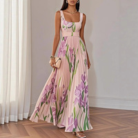 Robe plissée à imprimé numérique floral pour femmes européennes et américaines