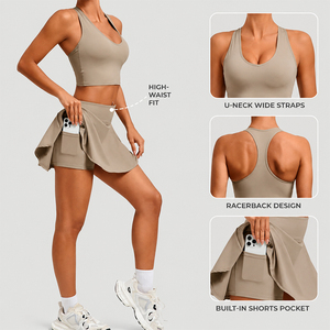 Conjunto Deportivo para Mujer, Falda Plisada de Cintura Alta con Pantalones Cortos de Seguridad con Bolsillo, Camiseta Deportiva Transpirable para Bádminton y Golf - Product Image 3