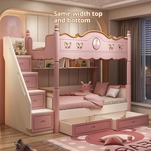Niedliches Kinder-Prinzessinnen-Hochbett aus Holz mit Rutsche und hohem Geländer, zweistöckig, für Mädchen, modernes Design für Wohnzimmer - Product Image 2