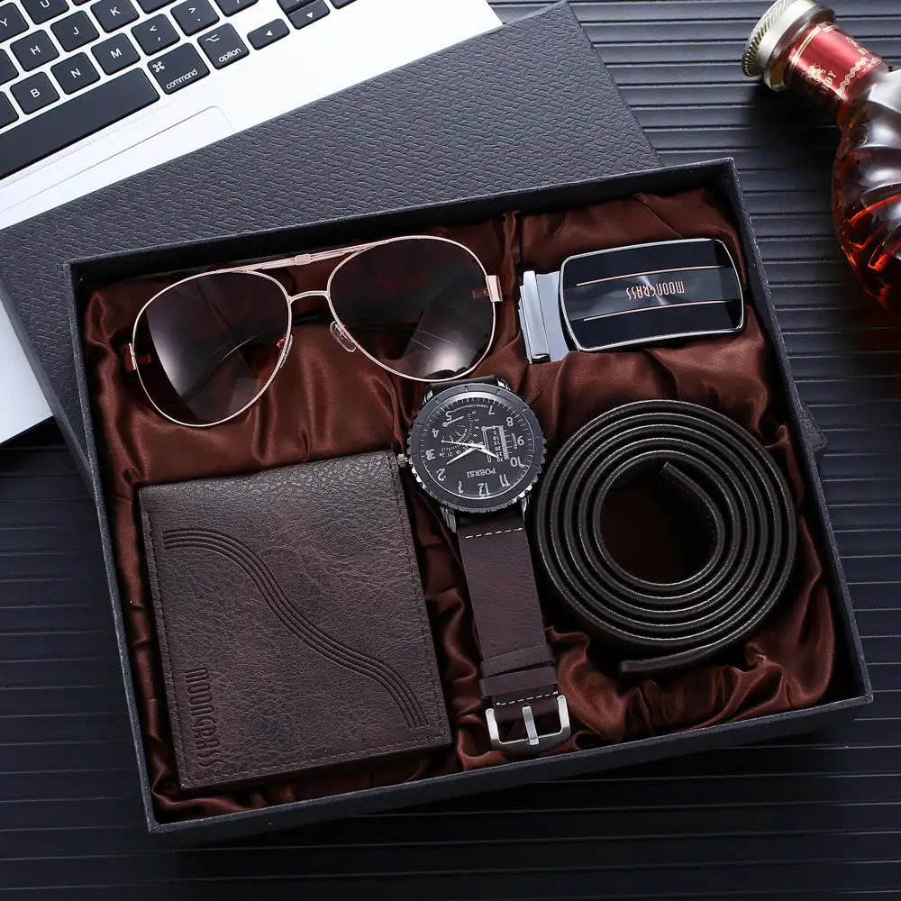 Atacado Moda Luxo Presente Business Box Belt Carteira Óculos 4 peças Set Relógio de pulso de couro Quartz Relógios masculinos Set For Men